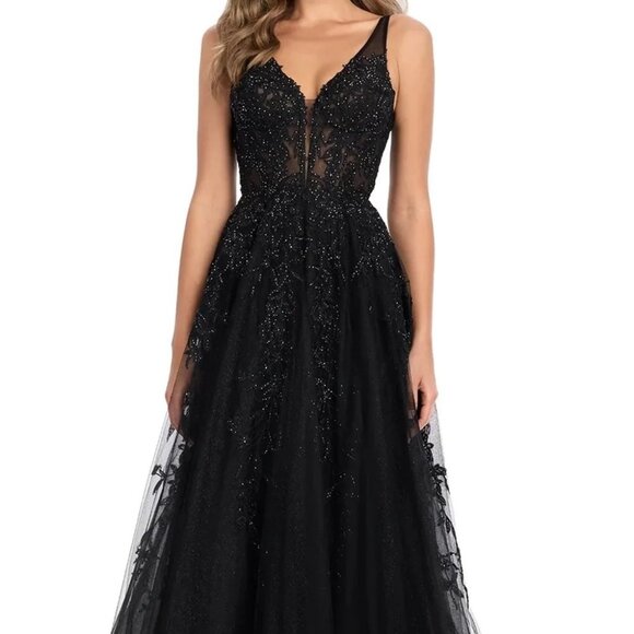 NWT Ashley Lauren 11892 Tulle Prom Dress Black Size 10 - Picture 1 of 6